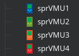 Four sprite-art VMUs in blue, lime, orange, and red.